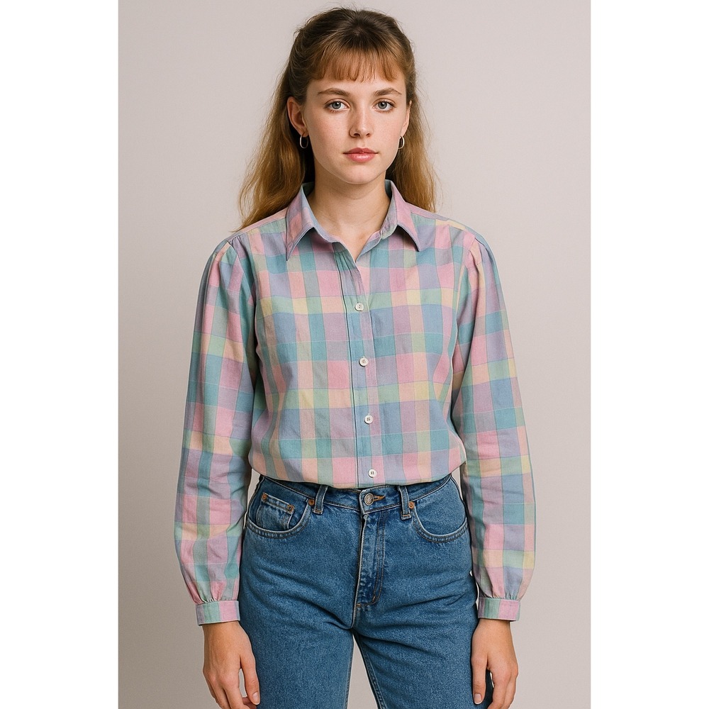 Izod Lacoste Women's Button Up Shirt Vintage Pastel Plaid‎ Preppy Large 90s